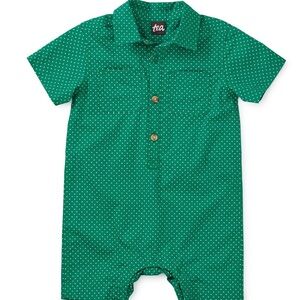 NWT Tea Collection Green Polka Dot Romper sz 12-18 months